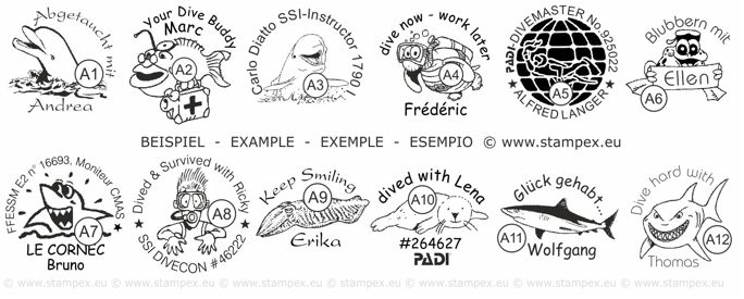 25mm Examples of scuba dive log book stamps