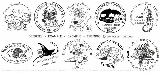 30mm Examples of scuba dive log book stamps