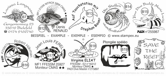 30x30mm Examples of scuba dive log book stamps