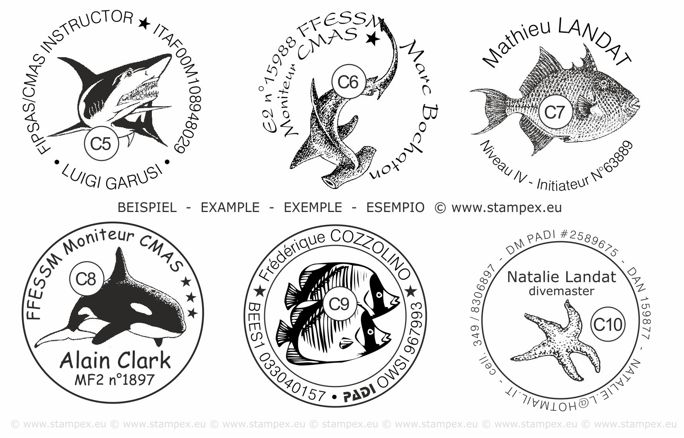 40mm Examples of scuba dive log book stamps